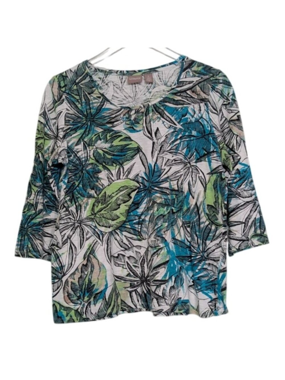 Chicos 1 Leaf Botanical Shirt Womens Size Medium Green Tropical 3/4 Sleeves